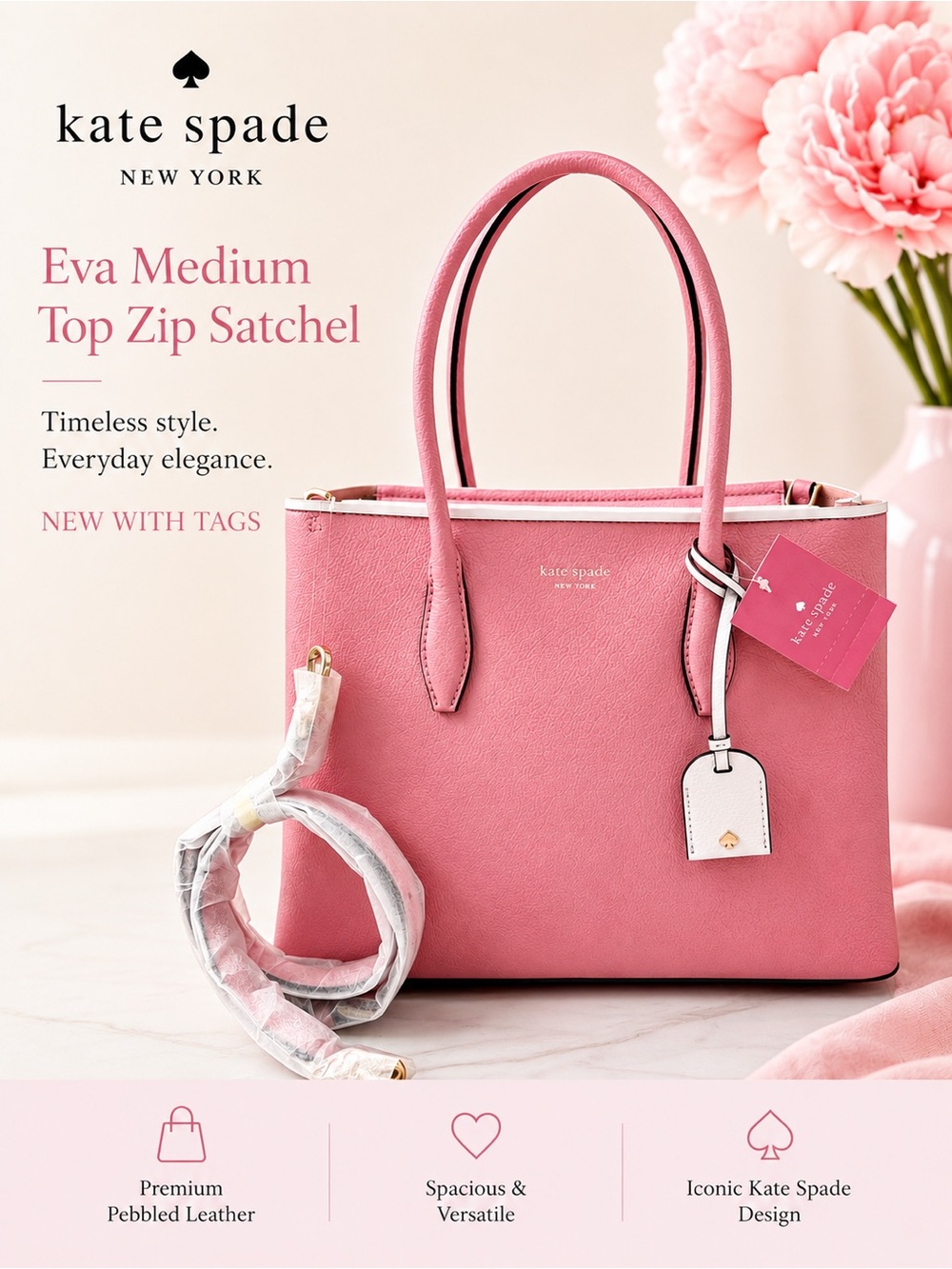 Kate Spade Eva Medium Top Zip Satchel Pink Pebbled Leather Crossbody NWT